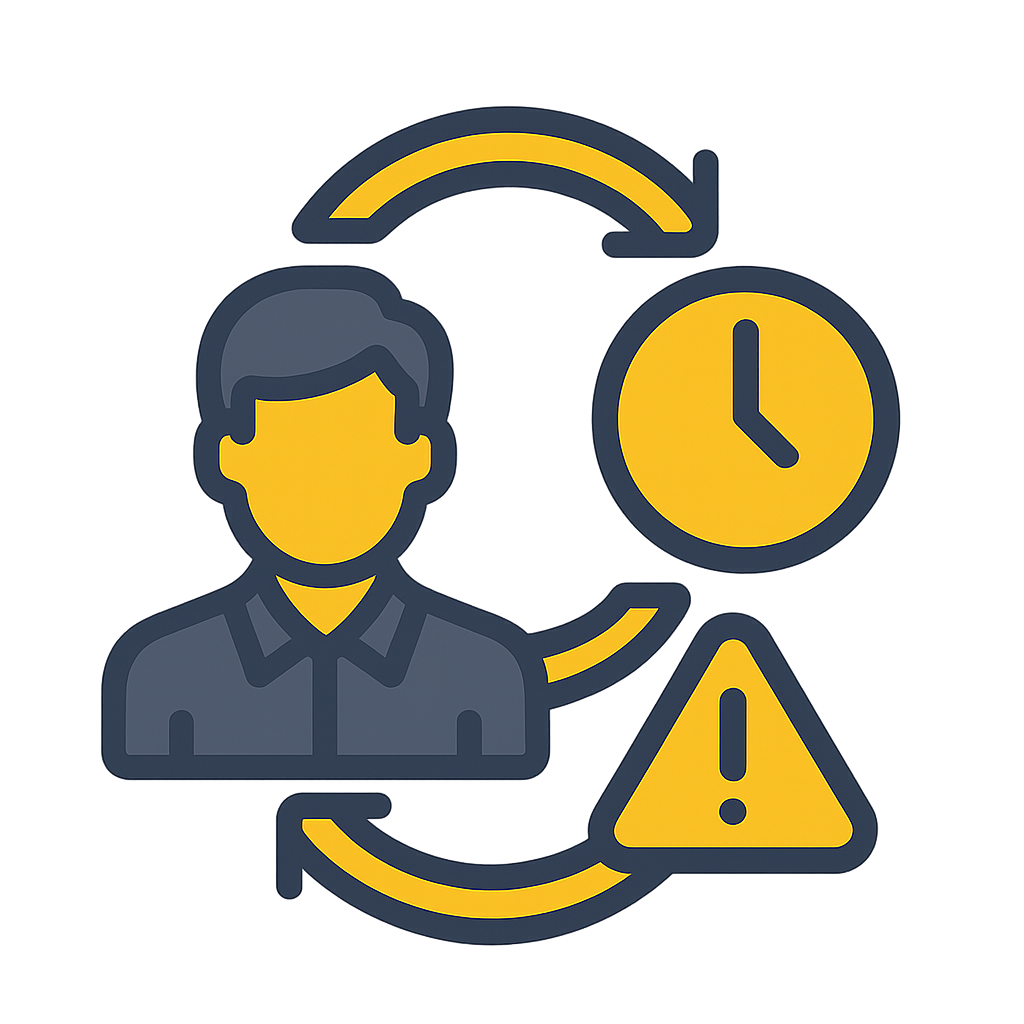 An icon showing a person, a clock, and a warning symbol connected by two curved arrows. The person is depicted in the center-left, the clock is on the top-right, and the warning symbol is on the bottom-right. The elements are colored in yellow and outlined in dark blue.