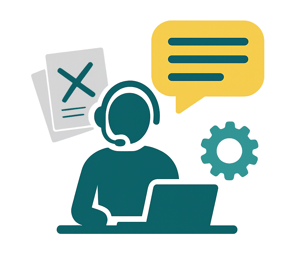 Flat-style vector icon illustrating the concept of missed opportunities from unanswered calls. A navy blue phone handset with sound wave lines sits at the lower left. Above it, a large yellow circle with a navy 'X' symbolizes a missed or rejected call. To the right, a dollar sign and upward arrow next to a human figure represent lost business or growth potential. Designed in yellow and navy blue with a transparent background.