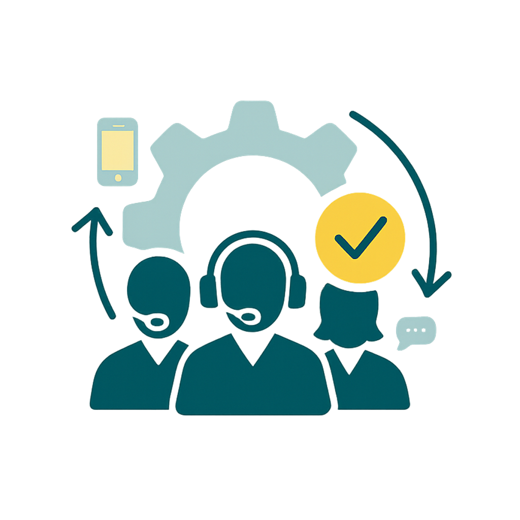 Flat-style vector icon illustrating the concept of missed opportunities from unanswered calls. A navy blue phone handset with sound wave lines sits at the lower left. Above it, a large yellow circle with a navy 'X' symbolizes a missed or rejected call. To the right, a dollar sign and upward arrow next to a human figure represent lost business or growth potential. Designed in yellow and navy blue with a transparent background.