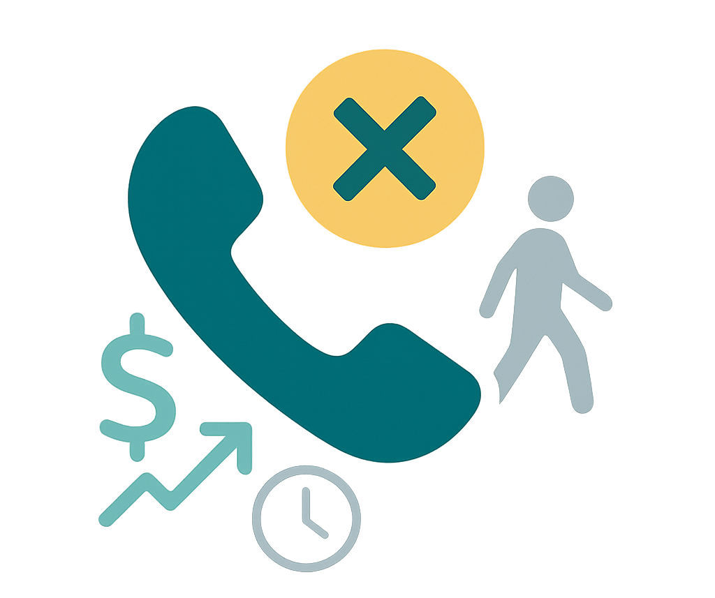 Flat-style vector icon illustrating the concept of missed opportunities from unanswered calls. A navy blue phone handset with sound wave lines sits at the lower left. Above it, a large yellow circle with a navy 'X' symbolizes a missed or rejected call. To the right, a dollar sign and upward arrow next to a human figure represent lost business or growth potential. Designed in yellow and navy blue with a transparent background.