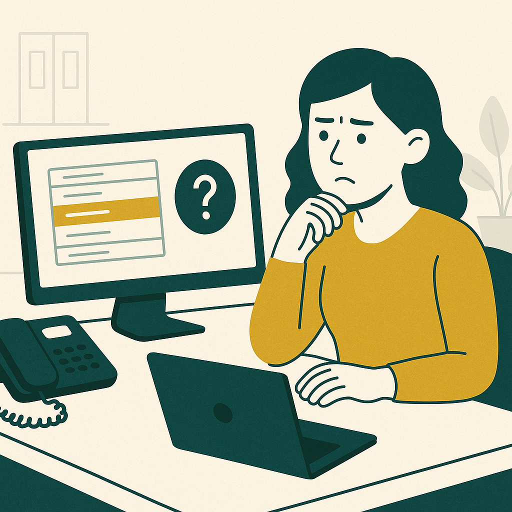 An illustration of a person at a desk looking confused at their computer.
