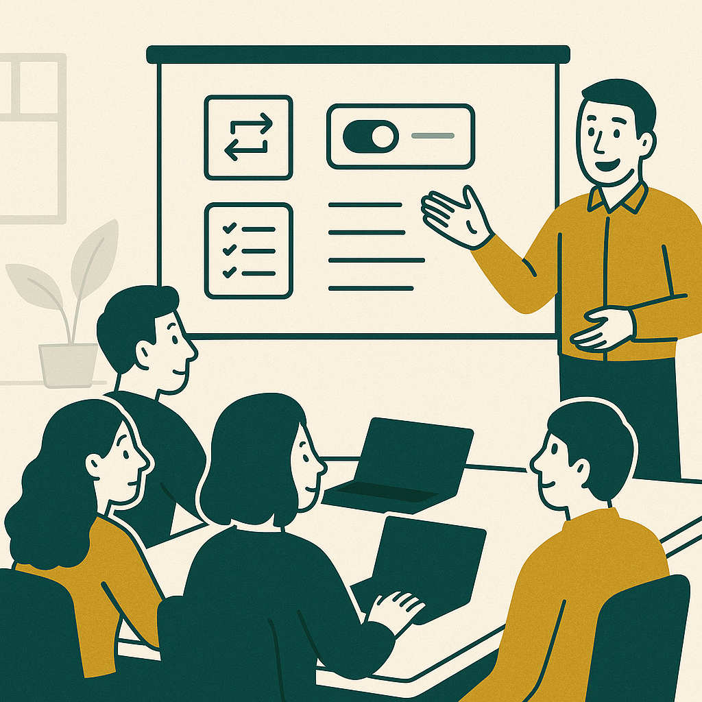 An illustration of a business meeting or presentation.